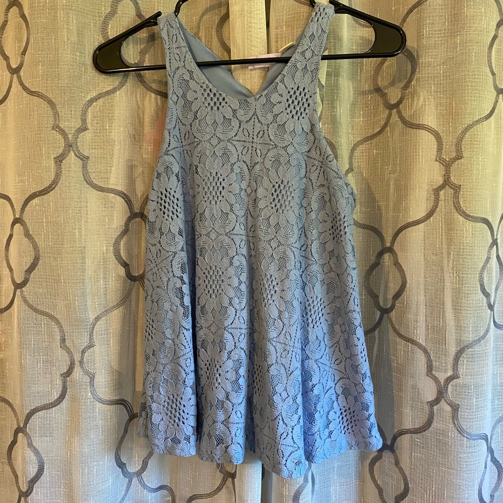 blue blouse with lace overlay